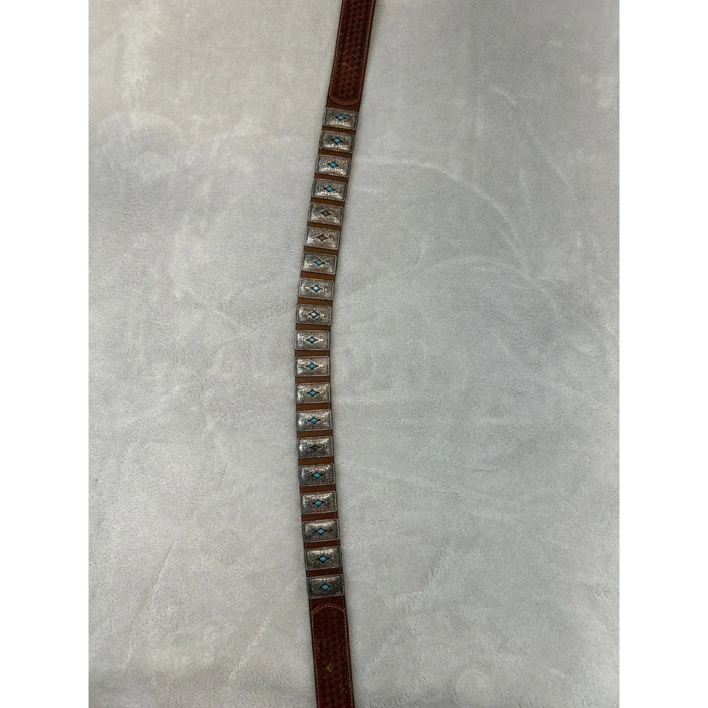 Leather Belt Unisex 34 Brown Handtooled Western Turquoise Concho Silver Buckle